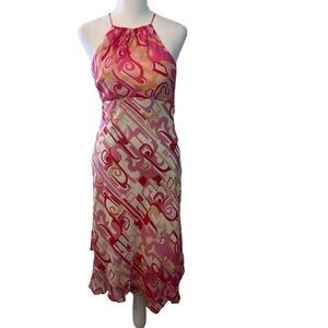 Sangria size 4 pink red cream 100% silk dress polyester lining halter dress EUC